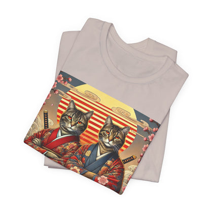 Samurai Cat T-Shirt - Floral Kimono Warrior with Katana | Japanese Ukiyo-e Style, Cherry Blossoms & Mount Fuji | Bold Cat Art Tee