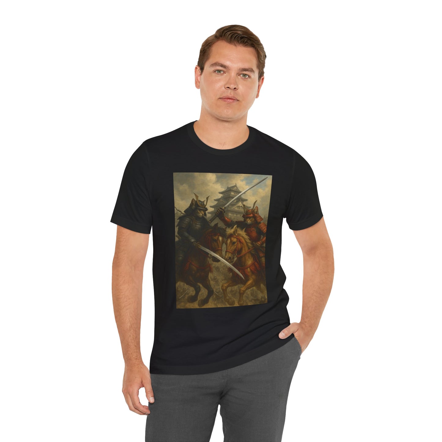 Epic Cat Samurai Battle Tee - War Horses Clash in Front of Japanese Castle  Feline Warrior Art Shirt for Fantasy & Japan Lovers