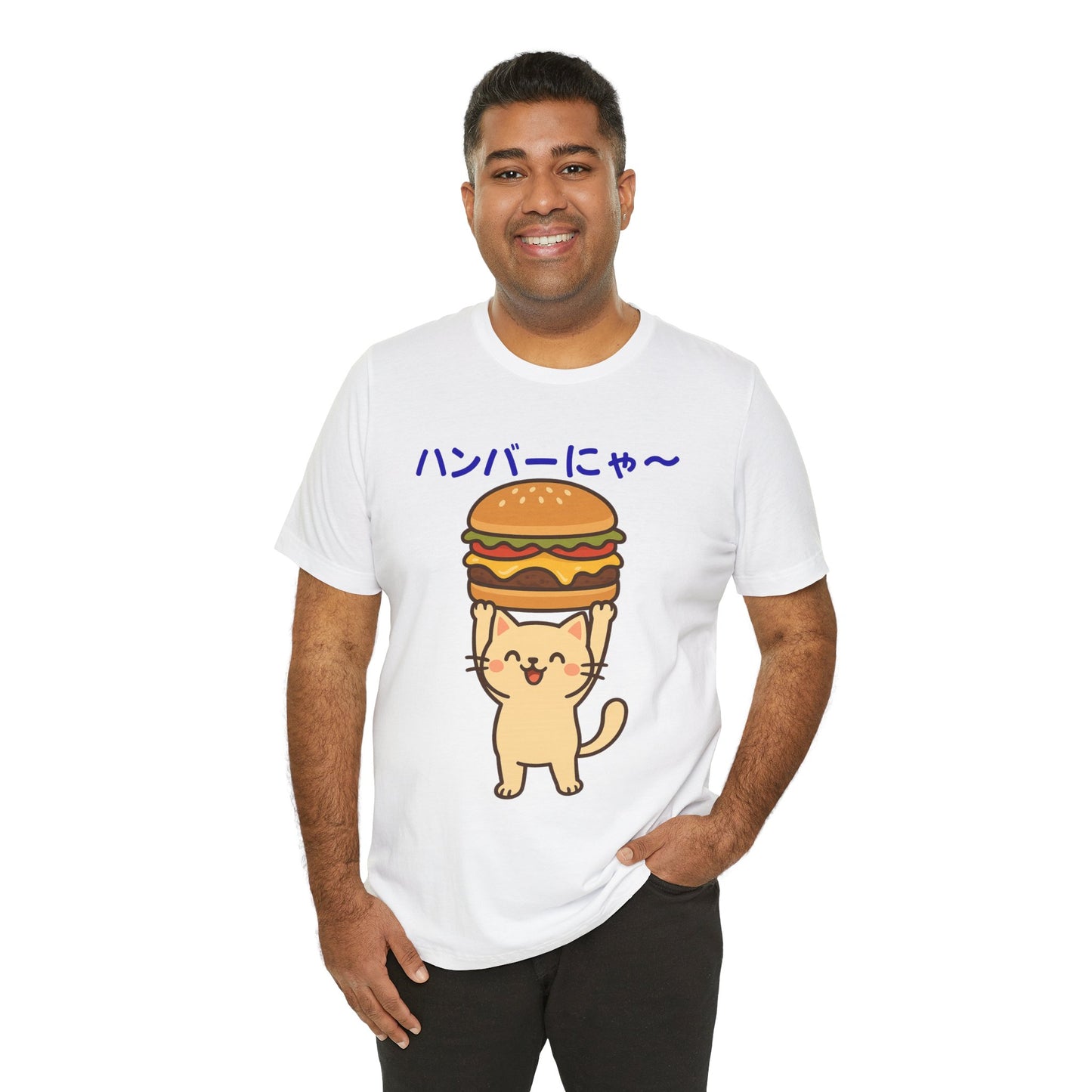 "Hanba-nyaa~" Cute Japanese Cat T-Shirt – Funny Burger & Cat Design – Kawaii Style Unisex Tee – Gift for Food & Cat Lovers