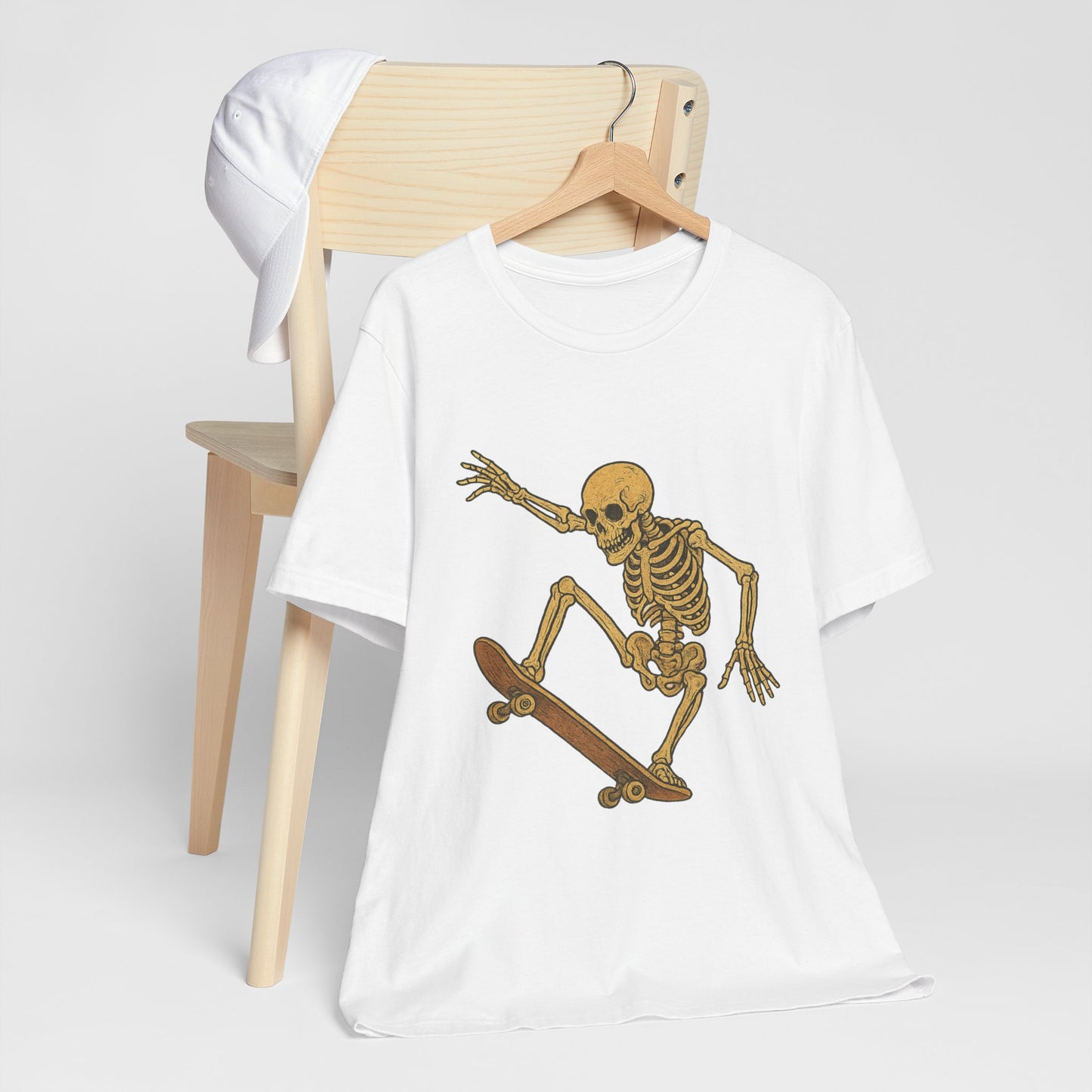 Skater Skeleton Graphic Tee for Adults - Vintage-Style Skeleton Skateboarding Shirt - Edgy Streetwear T-Shirt for Skaters and Art Lovers