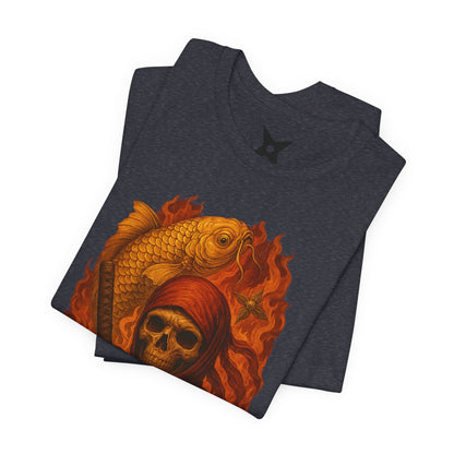 i, High-Detail Gothic Warrior TeDark Red Ninja Skull T-Shirt-Japanese Horror Art, Skeleton Ninja with Golden Koe, Unisex Streetwear