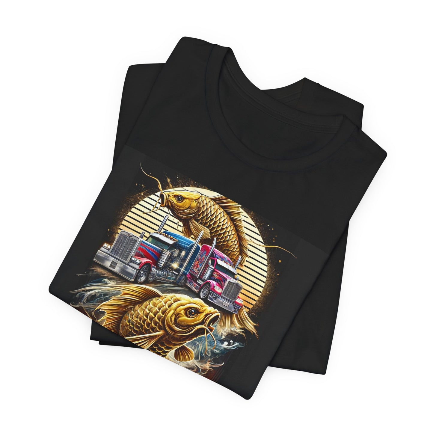 Bold Koi & Truck Fusion T-Shirt | Japanese Golden Carp AND Convoy Art Tee | Vibrant Streetwear for Truckers AND Tattoo Fans