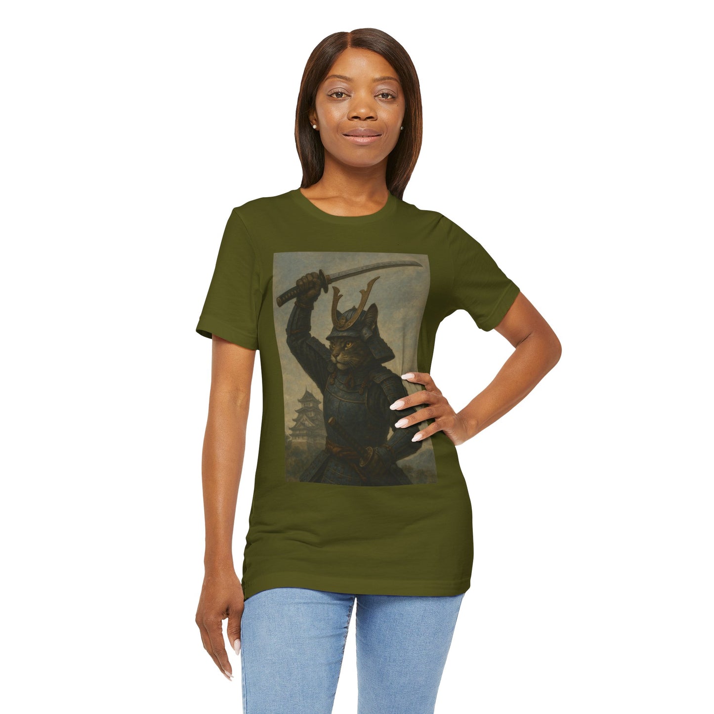 Cat Samurai Strike Tee | Epic Armored Feline Raising Katana | Japanese Warrior Art Unisex Shirt