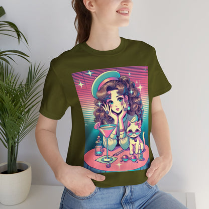 Retro Girl and Cat Graphic Tee Vaporwave Pastel Aesthetic Cocktail Lounge 80s Inspired Shoujo Style T Shirt Gift for Daughter or Dad