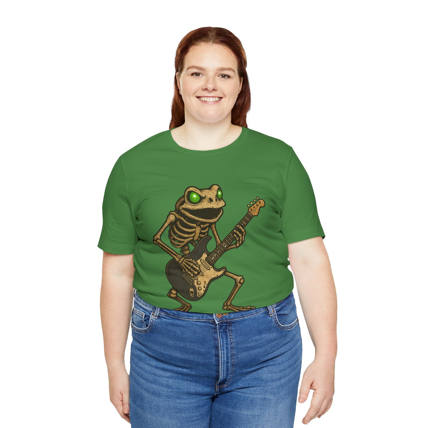 Skeleton Frog Shredding Electric Guitar Tee - Glowing Green Eyes Rock Art Shirt for Musicians Frog Lovers and Gothic Punk Style