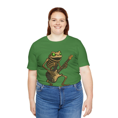 Skeleton Frog Shredding Electric Guitar Tee - Glowing Green Eyes Rock Art Shirt for Musicians Frog Lovers and Gothic Punk Style