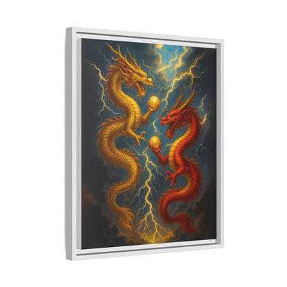 Golden and Red Twin Dragons Canvas Feng Shui Wall Art Lightning Storm Dragon Pearl Good Luck Decor Gift for Dad Living Room