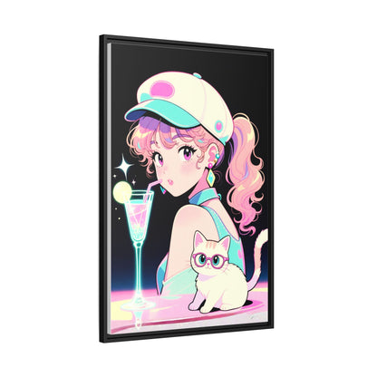 Retro Girl and Cat Canvas Vaporwave Pastel Anime Shoujo Wall Art Neon Cocktail Aesthetic Kawaii Gift for Daughter or Dad