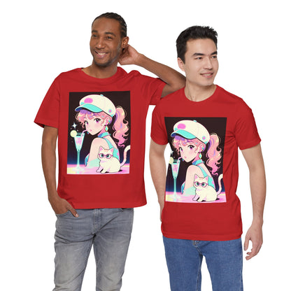 Retro Girl and Cat T Shirt Vaporwave Pastel Anime Shoujo Graphic Tee Neon Cocktail Aesthetic Kawaii Gift for Daughter or Dad Casual Streetwear
