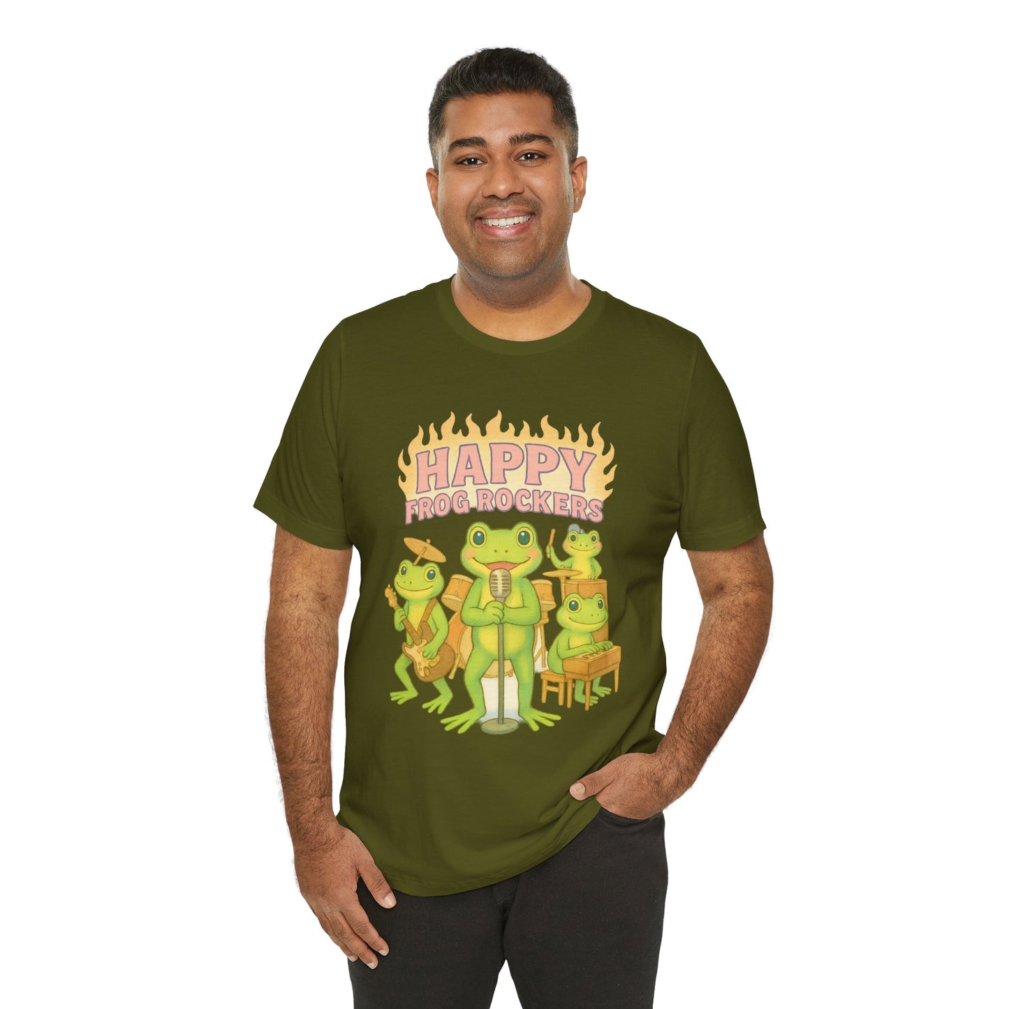 Happy Frog Rockers Album Cover Tee Cute Frog Band Shirt Vocal Guitar Piano Drums Pastel Art Gift for Music Lovers