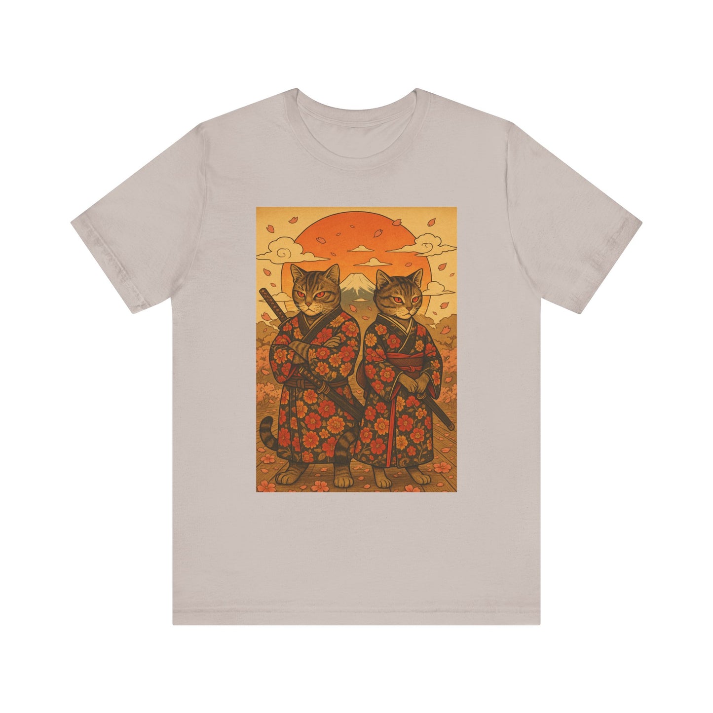 Samurai Cat T-Shirt - Floral Kimono Warrior with Katana | Japanese Ukiyo-e Style, Cherry Blossoms & Mount Fuji | Bold Cat Art Tee