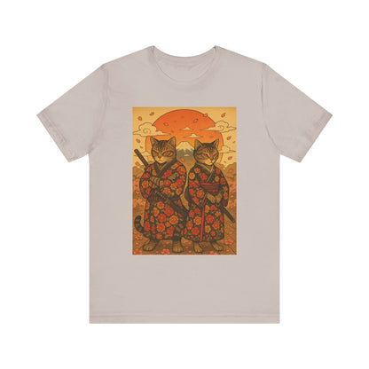 Samurai Cat T-Shirt - Floral Kimono Warrior with Katana | Japanese Ukiyo-e Style, Cherry Blossoms & Mount Fuji | Bold Cat Art Tee