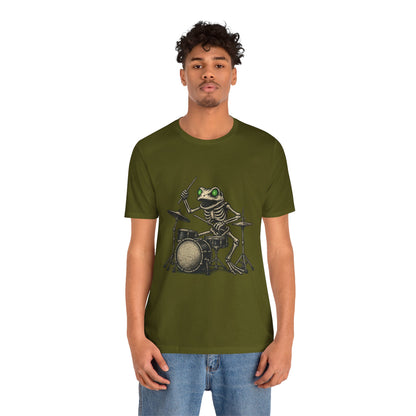 Skeleton Frog Drummer Shirt with Glowing Green Eyes Rock Band Art Tee for Musicians Frog Lovers Halloween and Concert Wear