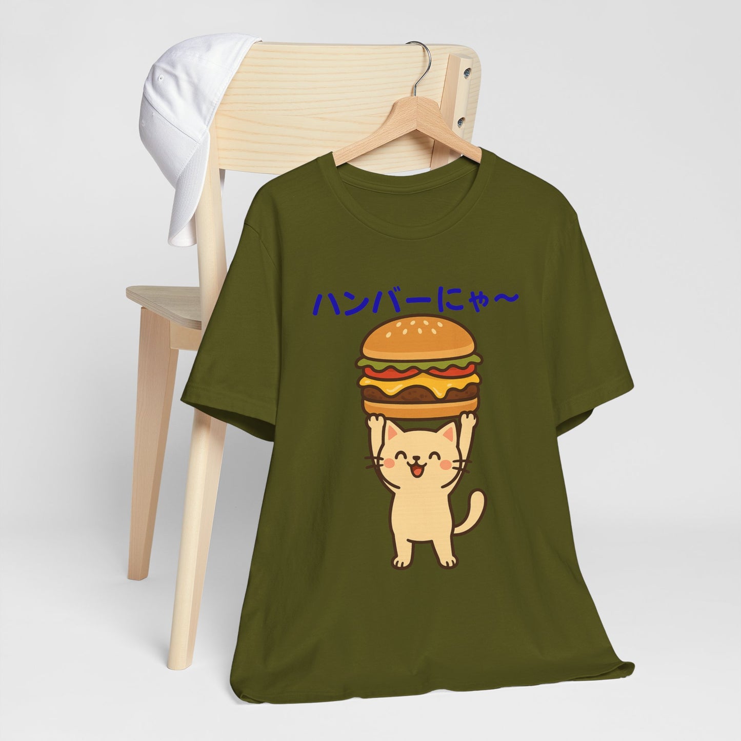 "Hanba-nyaa~" Cute Japanese Cat T-Shirt – Funny Burger & Cat Design – Kawaii Style Unisex Tee – Gift for Food & Cat Lovers