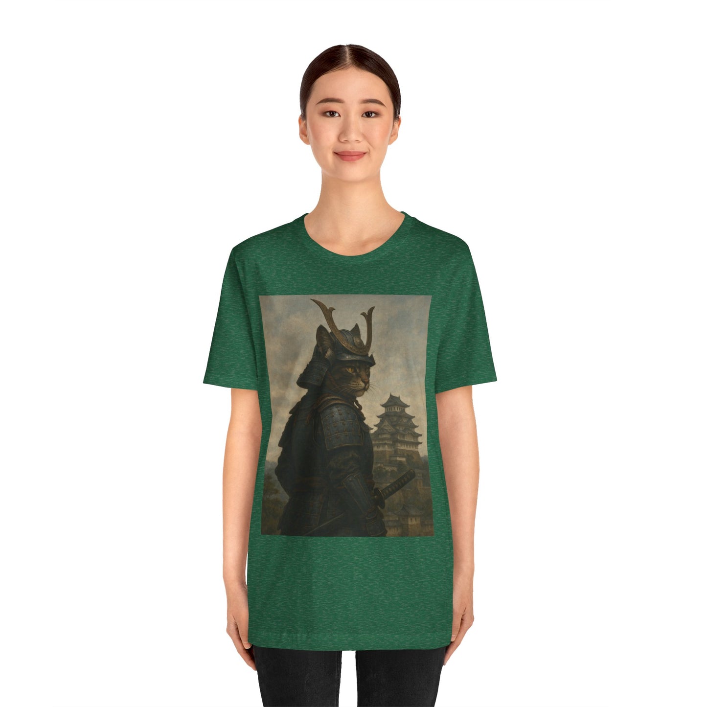Cat Samurai Vigil Tee | Armored Feline Warrior w/ Castle Backdrop | Japanese Art Unisex Shirt