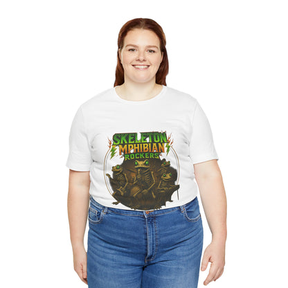 Skeleton Amphibian Rockers Album Cover Tee - Green Eyed Skeleton Frog Band Vocal Guitar Piano Drums Rock Art Shirt