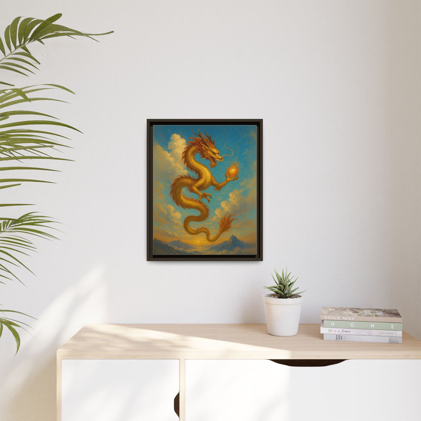 Golden Dragon Canvas Feng Shui Wall Art Asian Myth Painting Sky Cloud Mountain Good Luck Decor Gift for Dad Living Room Office