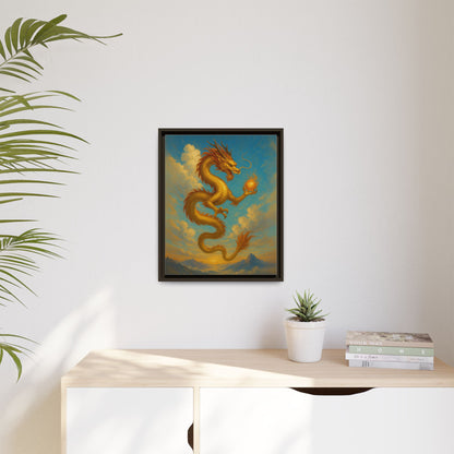 Golden Dragon Canvas Feng Shui Wall Art Asian Myth Painting Sky Cloud Mountain Good Luck Decor Gift for Dad Living Room Office