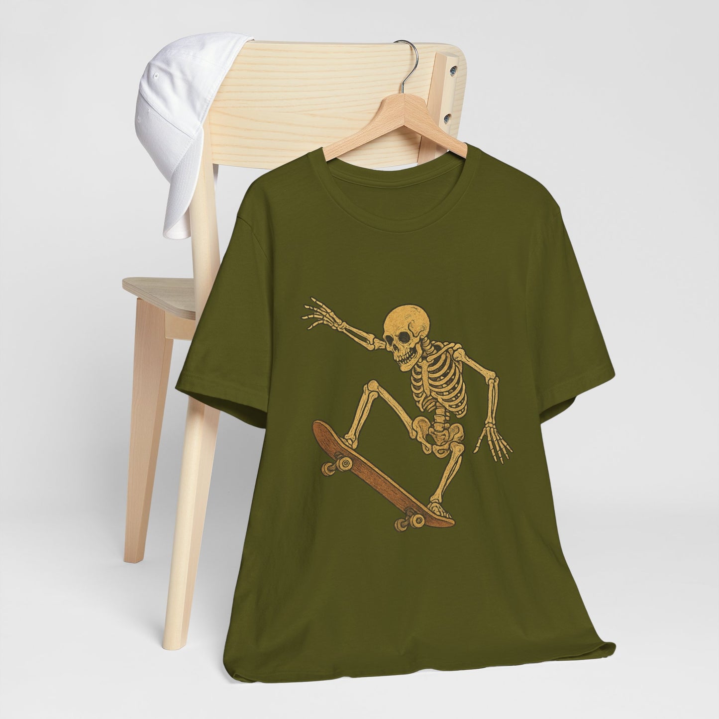 Skater Skeleton Graphic Tee for Adults - Vintage-Style Skeleton Skateboarding Shirt - Edgy Streetwear T-Shirt for Skaters and Art Lovers