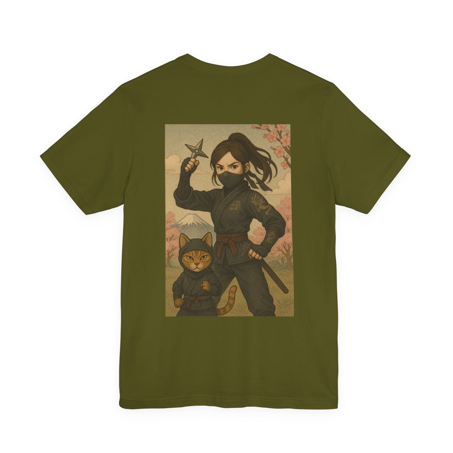 Ninja and Cat T-Shirt - Female Ninja in Black Outfit with Shuriken-Japanese Samurai Style, Mount Fuji, Cherry Blossoms-Cool Unisex Anime Tee