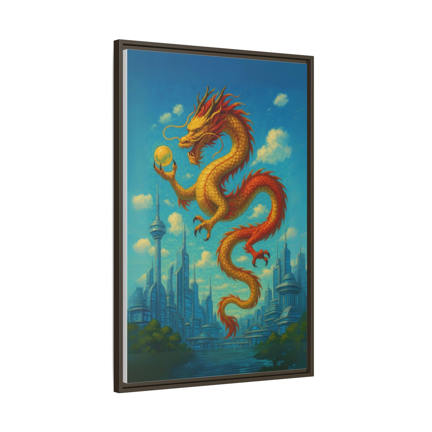 Neo Tokyo Golden Dragon Canvas Japan Inspired Futuristic Skyline Painting Feng Shui Good Luck Decor Dragon Pearl Gift for Dad