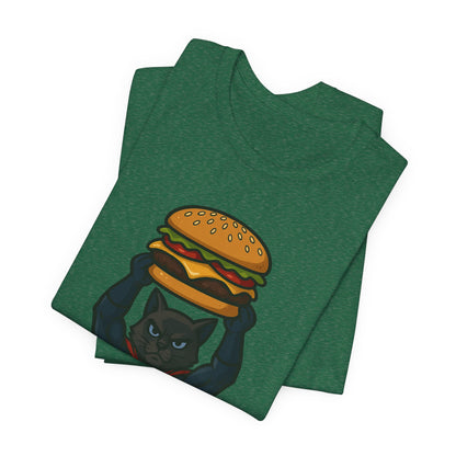 Superhero Cat Holding Cheeseburger T-Shirt - Funny Comic Style Tee for Burger Lovers - Unique Hero Cat Graphic Shirt - Unisex Gift