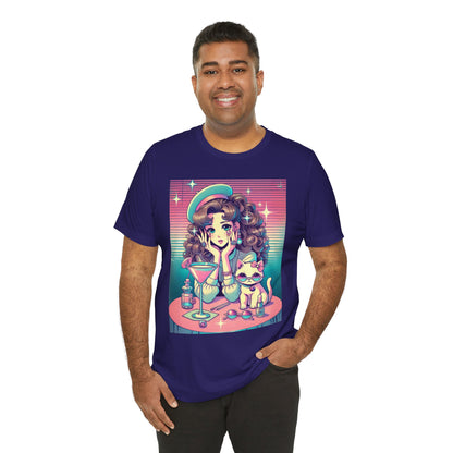 Retro Girl and Cat Graphic Tee Vaporwave Pastel Aesthetic Cocktail Lounge 80s Inspired Shoujo Style T Shirt Gift for Daughter or Dad