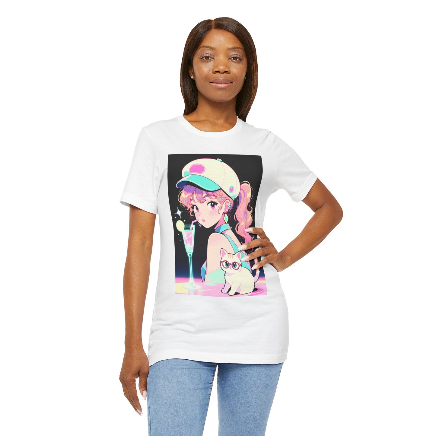 Retro Girl and Cat T Shirt Vaporwave Pastel Anime Shoujo Graphic Tee Neon Cocktail Aesthetic Kawaii Gift for Daughter or Dad Casual Streetwear