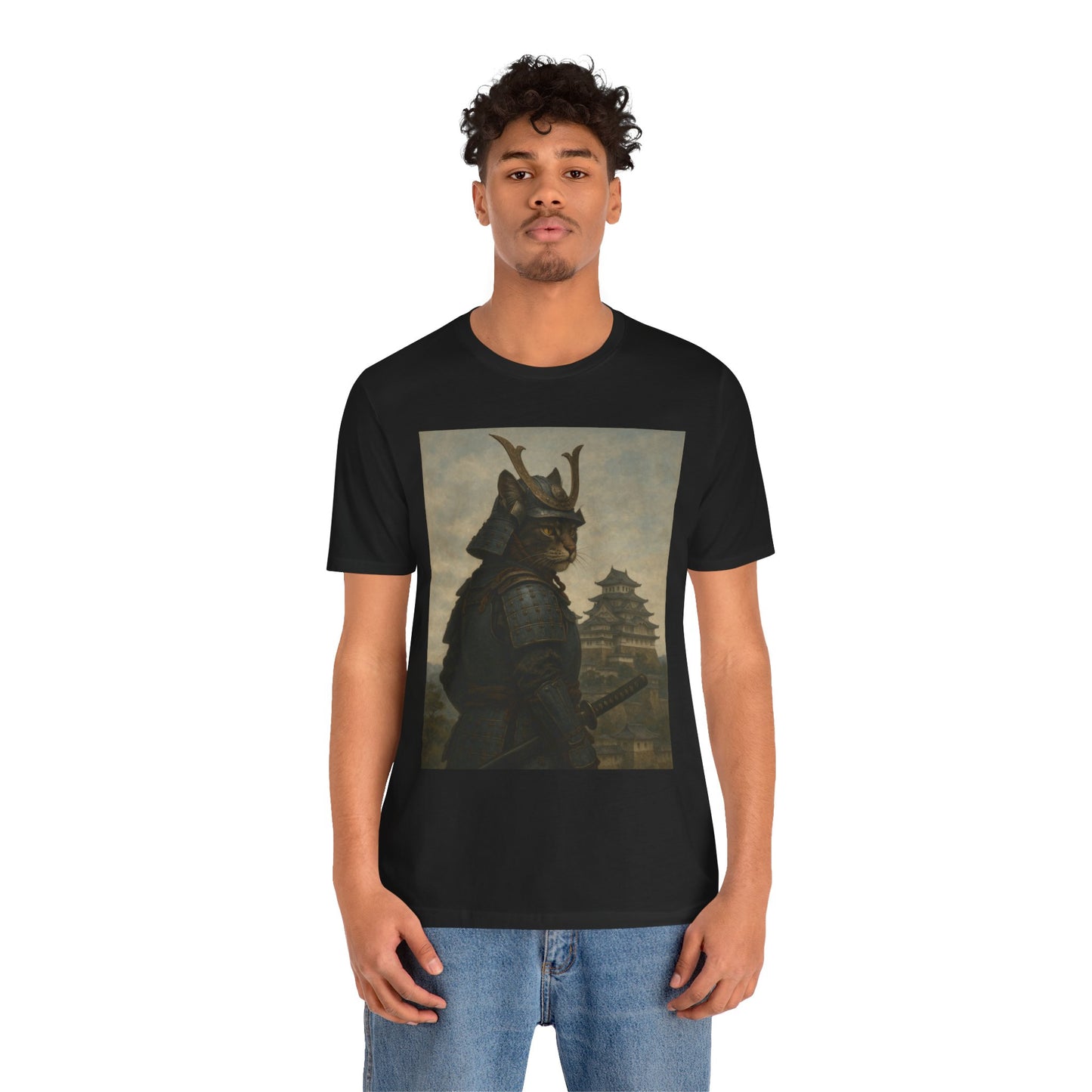 Cat Samurai Vigil Tee | Armored Feline Warrior w/ Castle Backdrop | Japanese Art Unisex Shirt
