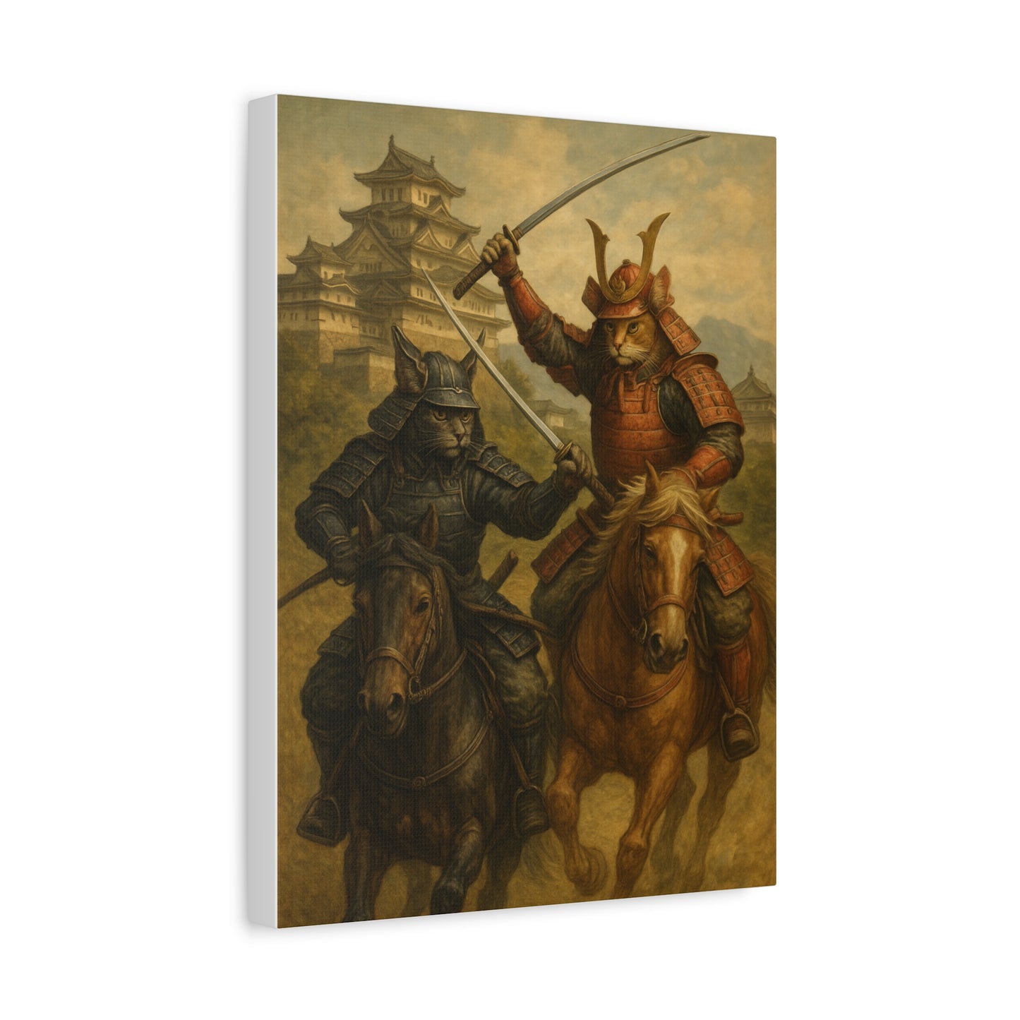 Samurai Cat Duel Canvas Japanese Castle Warrior Cats Wall Art Sengoku Era Painting Japan Inspired Gift for Cat Lovers and Dad