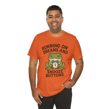 Running on Dreams and Snooze Buttons Shirt Sleepy Frog Tee Funny Night Owl Top Great Dad Gift Cozy Loungewear Aesthetic