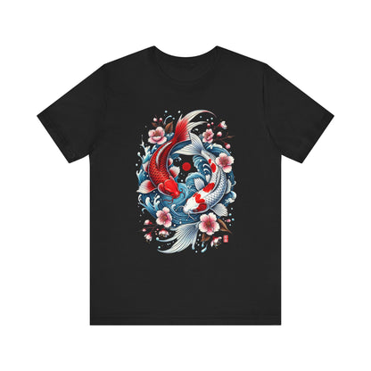 Koi Fish Yin Yang T-Shirt - Japanese Tattoo Style Nishikigoi, Cherry Blossoms, Water Art, Lucky Fish, Unisex Graphic Tee