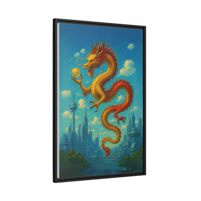 Neo Tokyo Golden Dragon Canvas Japan Inspired Futuristic Skyline Painting Feng Shui Good Luck Decor Dragon Pearl Gift for Dad
