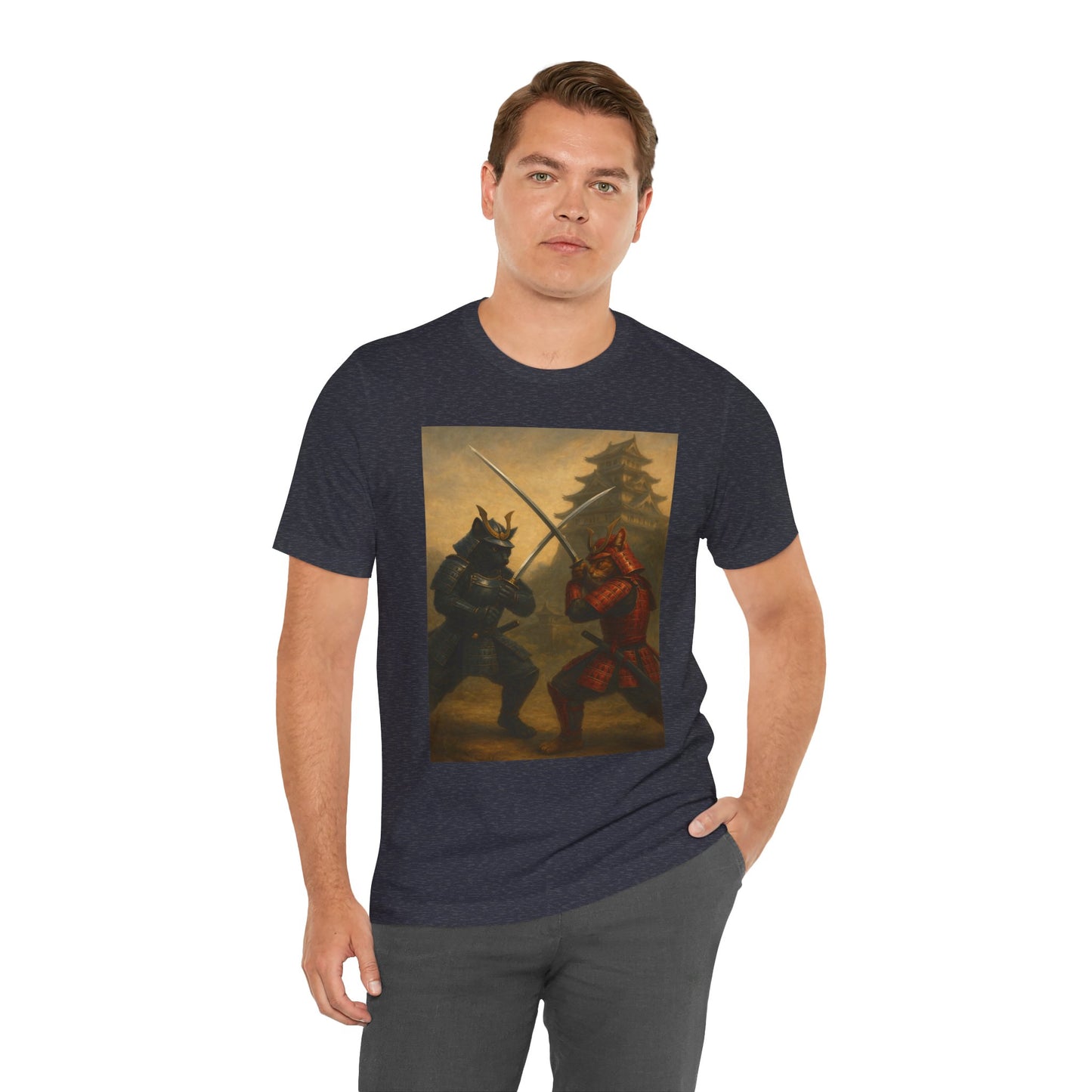Epic Cat Samurai Battle Tee - War Horses Clash in Front of Japanese Castle  Feline Warrior Art Shirt for Fantasy & Japan Lovers