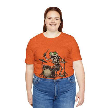 Skeleton Frog Drummer Shirt with Glowing Green Eyes Rock Band Art Tee for Musicians Frog Lovers Halloween and Concert Wear