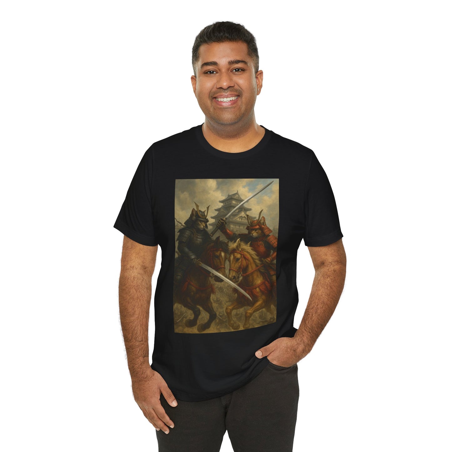 Epic Cat Samurai Battle Tee - War Horses Clash in Front of Japanese Castle  Feline Warrior Art Shirt for Fantasy & Japan Lovers