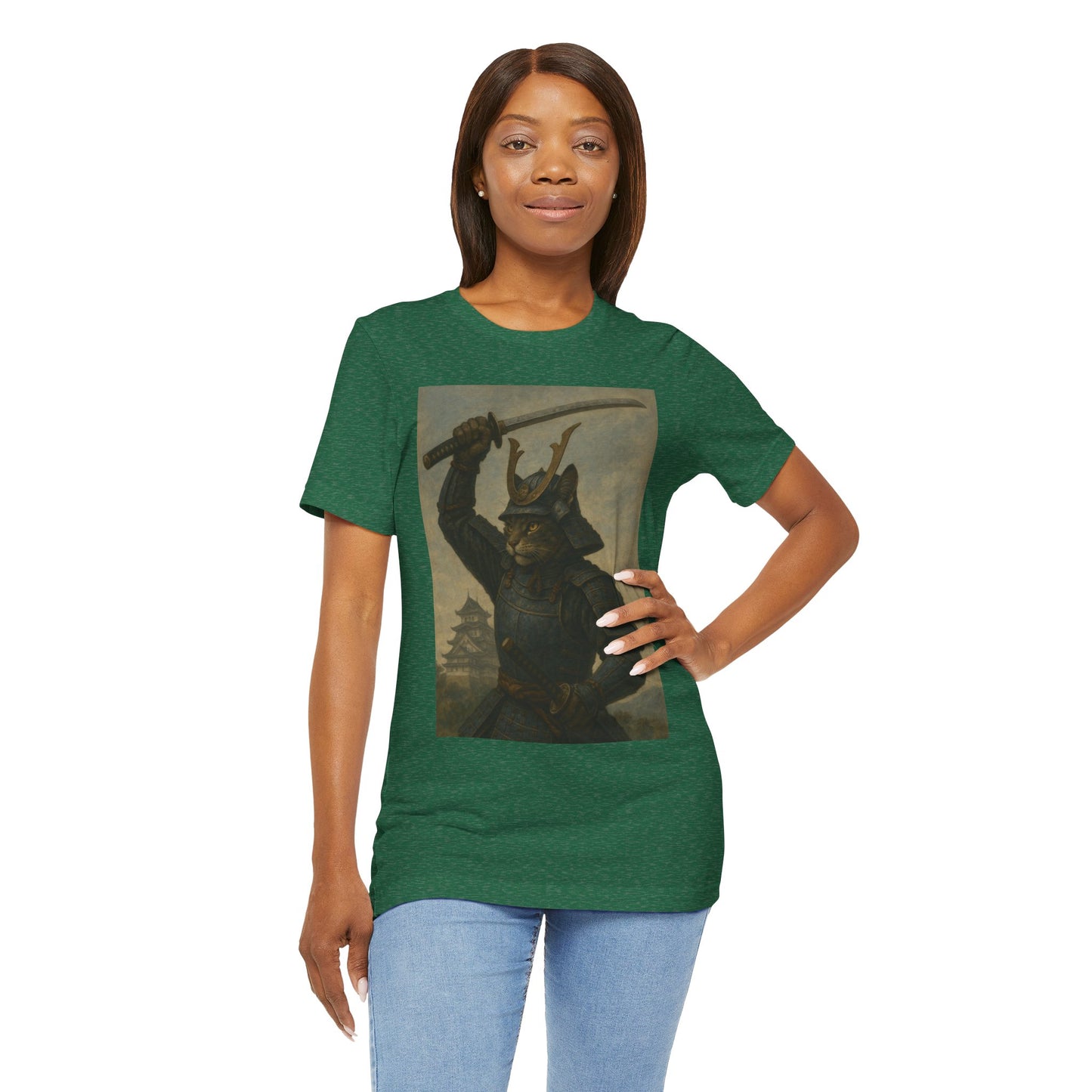 Cat Samurai Strike Tee | Epic Armored Feline Raising Katana | Japanese Warrior Art Unisex Shirt