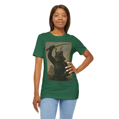 Cat Samurai Strike Tee | Epic Armored Feline Raising Katana | Japanese Warrior Art Unisex Shirt