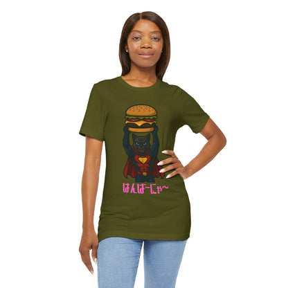 Superhero Cat Holding Cheeseburger T-Shirt - Funny Comic Style Tee for Burger Lovers - Unique Hero Cat Graphic Shirt - Unisex Gift
