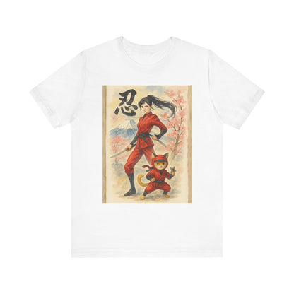 Ninja and Cat Watercolor T-Shirt - Female Ninja in Red Outfit with Katana-Kanji Art, Mount Fuji, Cherry Blossoms - Cool Unise x Japanese Tee