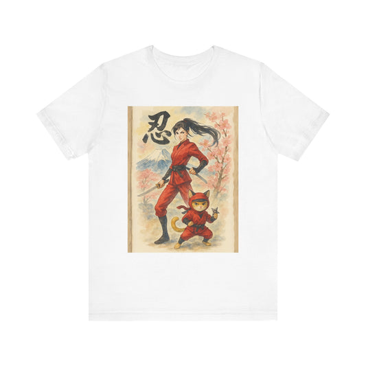 Ninja and Cat Watercolor T-Shirt - Female Ninja in Red Outfit with Katana-Kanji Art, Mount Fuji, Cherry Blossoms - Cool Unise x Japanese Tee