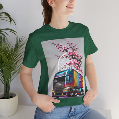 Cherry Blossom Convoy T-Shirt | Japanese Sakura x Modern Truck Art | Unique Graphic Tee for Drivers & Streetwear Lovers No.007