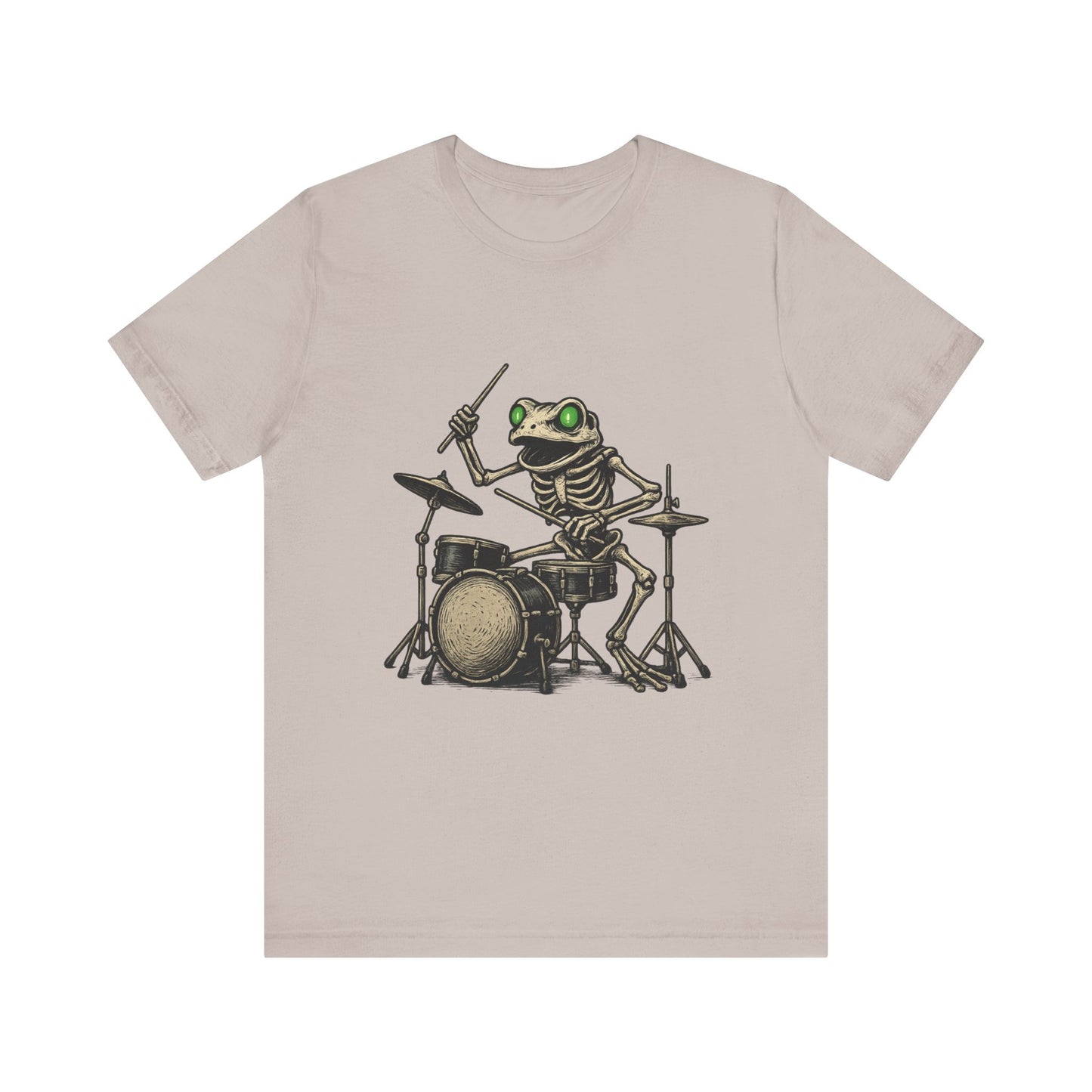 Skeleton Frog Drummer Shirt with Glowing Green Eyes Rock Band Art Tee for Musicians Frog Lovers Halloween and Concert Wear