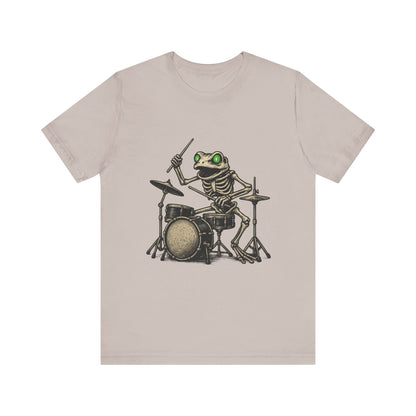 Skeleton Frog Drummer Shirt with Glowing Green Eyes Rock Band Art Tee for Musicians Frog Lovers Halloween and Concert Wear