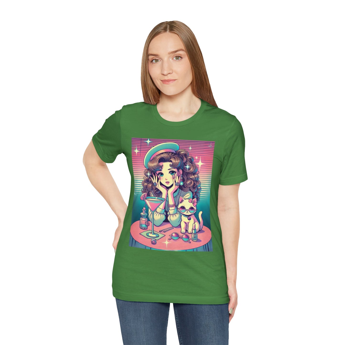Retro Girl and Cat Graphic Tee Vaporwave Pastel Aesthetic Cocktail Lounge 80s Inspired Shoujo Style T Shirt Gift for Daughter or Dad
