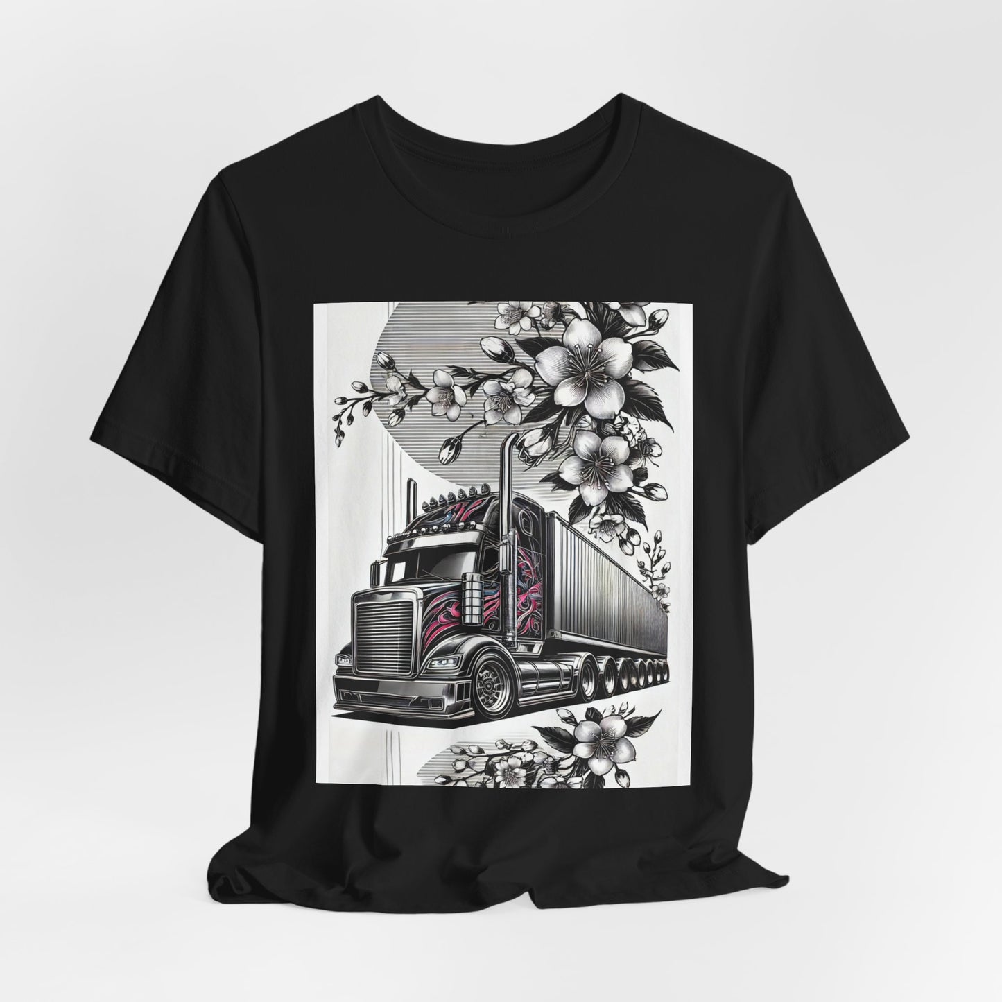 Cherry Blossom Convoy T-Shirt | Japanese Sakura x Modern Truck Art | Unique Graphic Tee for Drivers & Streetwear Lovers No.002