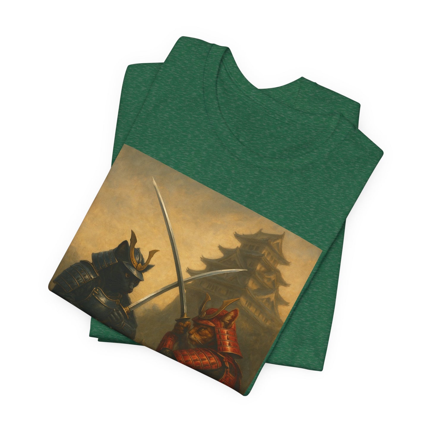 Epic Cat Samurai Battle Tee - War Horses Clash in Front of Japanese Castle  Feline Warrior Art Shirt for Fantasy & Japan Lovers