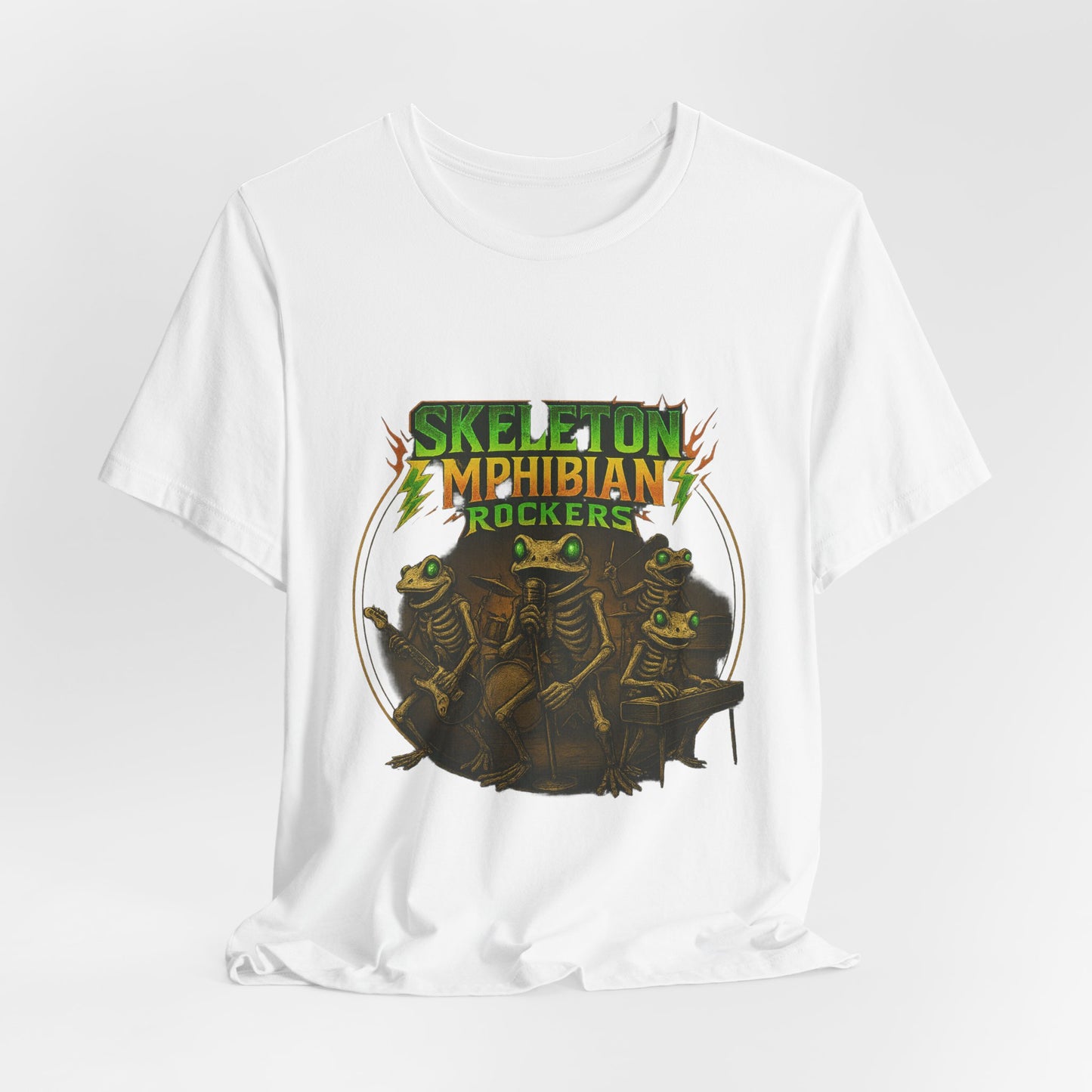Skeleton Amphibian Rockers Album Cover Tee - Green Eyed Skeleton Frog Band Vocal Guitar Piano Drums Rock Art Shirt