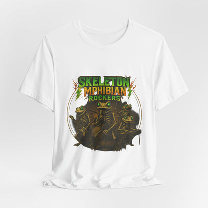 Skeleton Amphibian Rockers Album Cover Tee - Green Eyed Skeleton Frog Band Vocal Guitar Piano Drums Rock Art Shirt