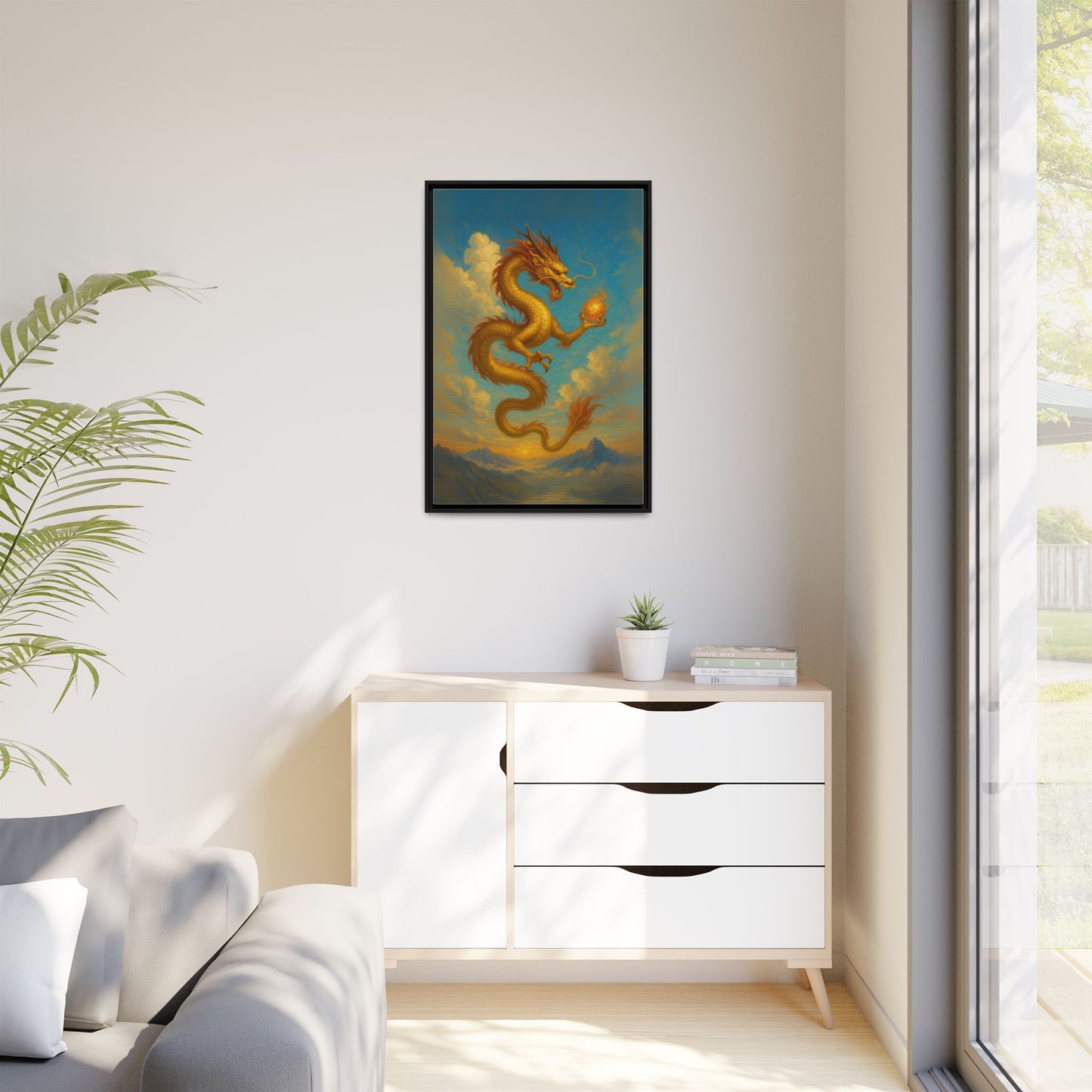 Golden Dragon Canvas Feng Shui Wall Art Asian Myth Painting Sky Cloud Mountain Good Luck Decor Gift for Dad Living Room Office